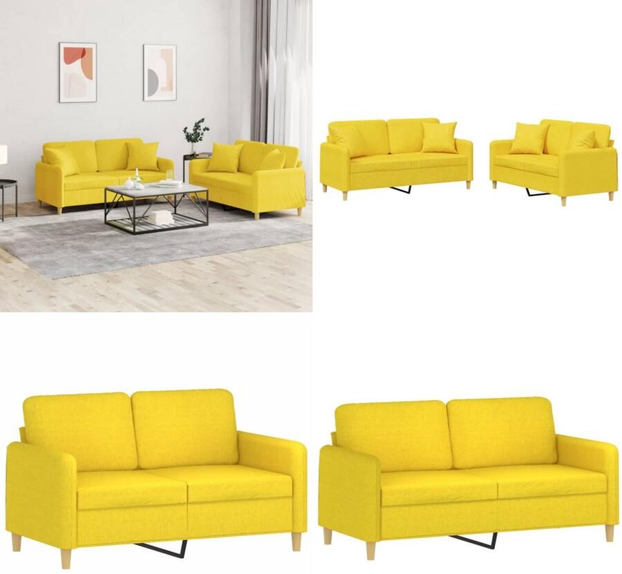 VidaXL 2-delige Loungeset met kussens stof lichtgeel Bankstel Bankstellen Fauteuil 2-zitsbank
