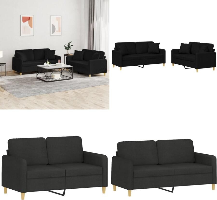 VidaXL 2-delige Loungeset met kussens stof zwart Bankstel Bankstellen Fauteuil 2-zitsbank