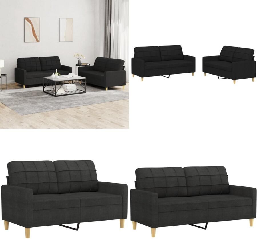 VidaXL 2-delige loungeset met kussens stof zwart Bankstel Bankstellen Fauteuil 2-zitsbank