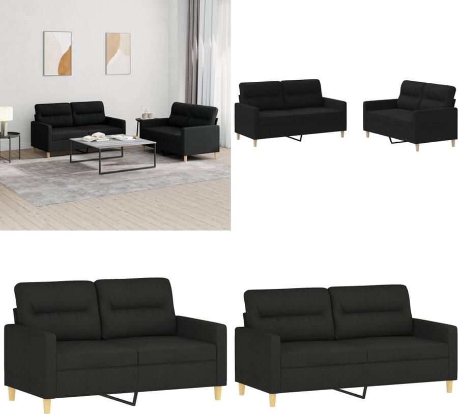 VidaXL 2-delige loungeset met kussens stof zwart Bankstel Bankstellen Fauteuil 2-zitsbank