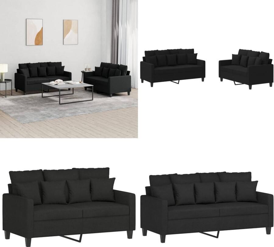 VidaXL 2-delige loungeset met kussens stof zwart Bankstel Bankstellen Fauteuil 2-zitsbank