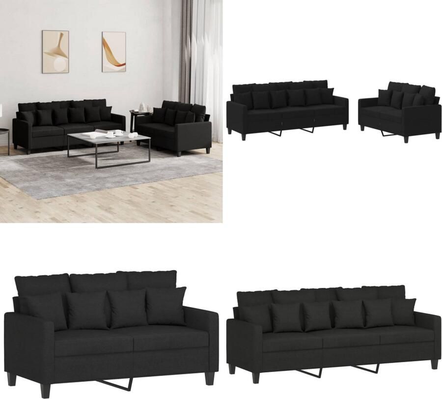 VidaXL 2-delige loungeset met kussens stof zwart Bankstel Bankstellen Fauteuil 2-zitsbank