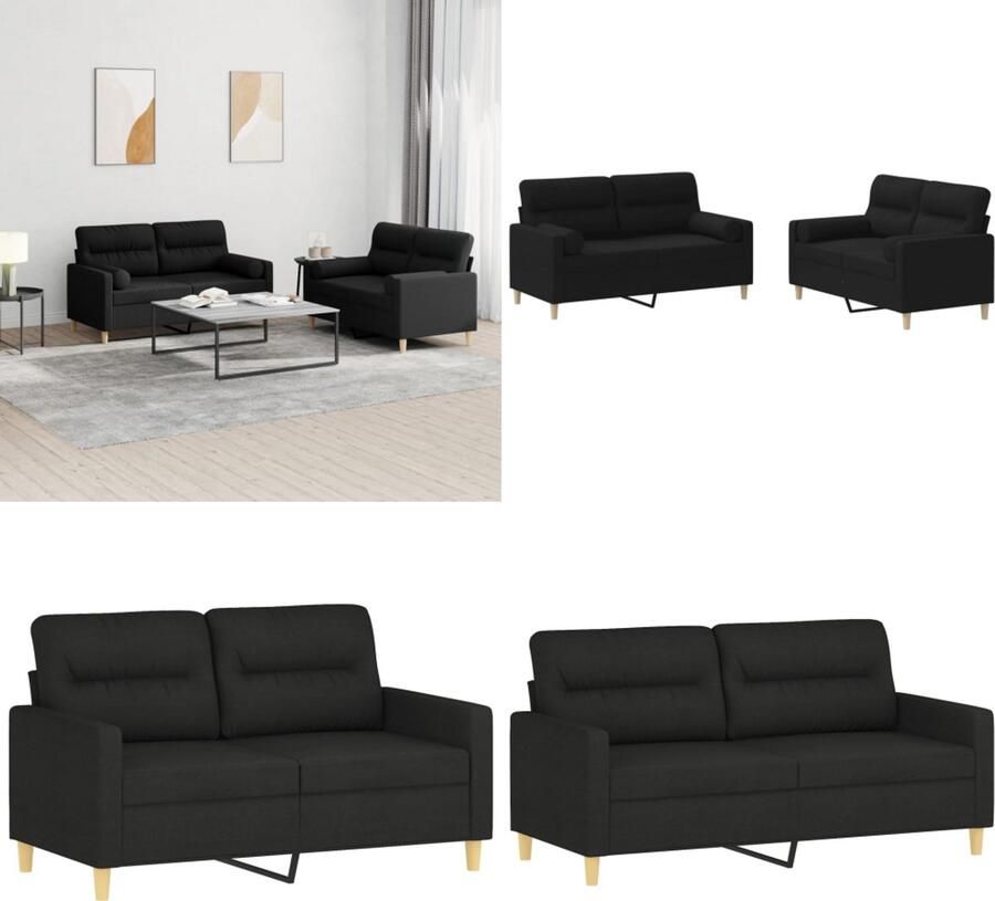 VidaXL 2-delige Loungeset met kussens stof zwart Bankstel Bankstellen Fauteuil 2-zitsbank