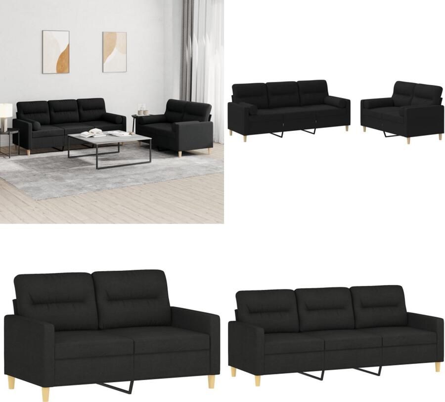 VidaXL 2-delige Loungeset met kussens stof zwart Bankstel Bankstellen Fauteuil 2-zitsbank