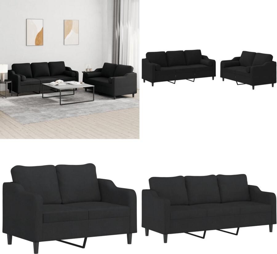 VidaXL 2-delige Loungeset met kussens stof zwart Bankstel Bankstellen Fauteuil 2-zitsbank