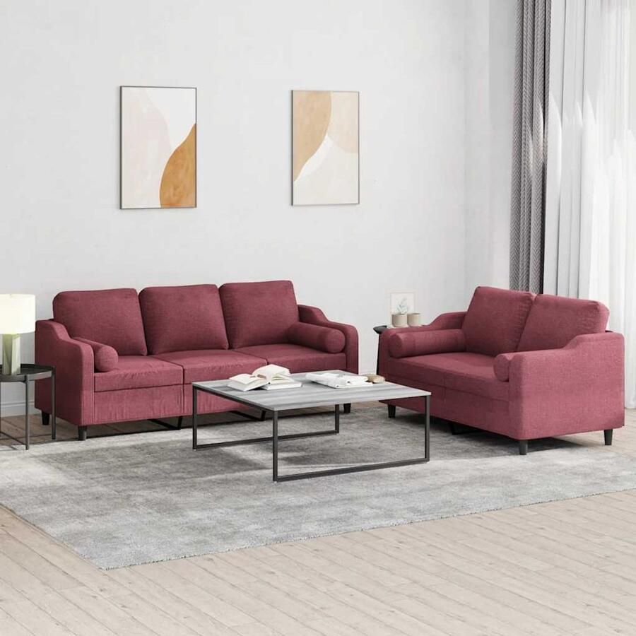 VidaXL 2-delige Loungeset Wijnrood Inclusief Kussens Loungeset Woonkamer Meubilair Lounge Stoffen Sofa Rode Bank Twee Persoons Bank