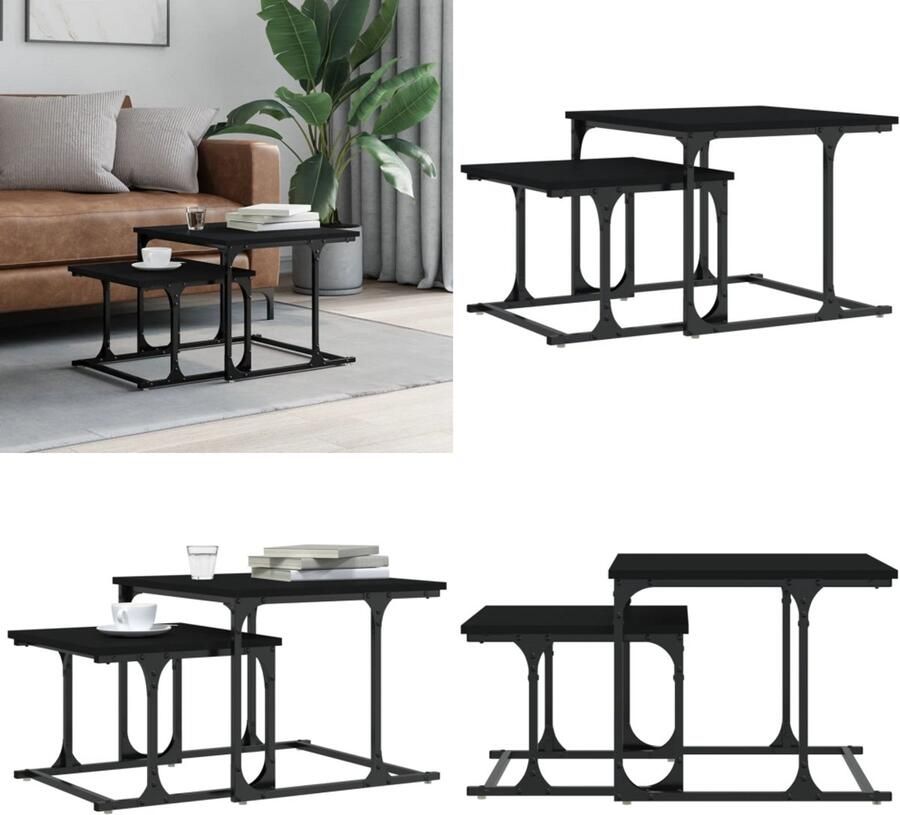 VidaXL 2-delige Salontafelset bewerkt hout zwart Nesttafel Nesttafels Bijzettafel Banktafel