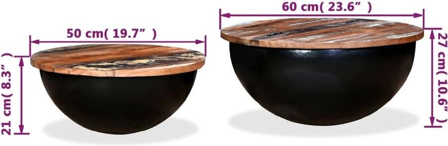 VidaXL -2-delige-Salontafelset-komvormig-massief-gerecycled-hout-zwart - Foto 2