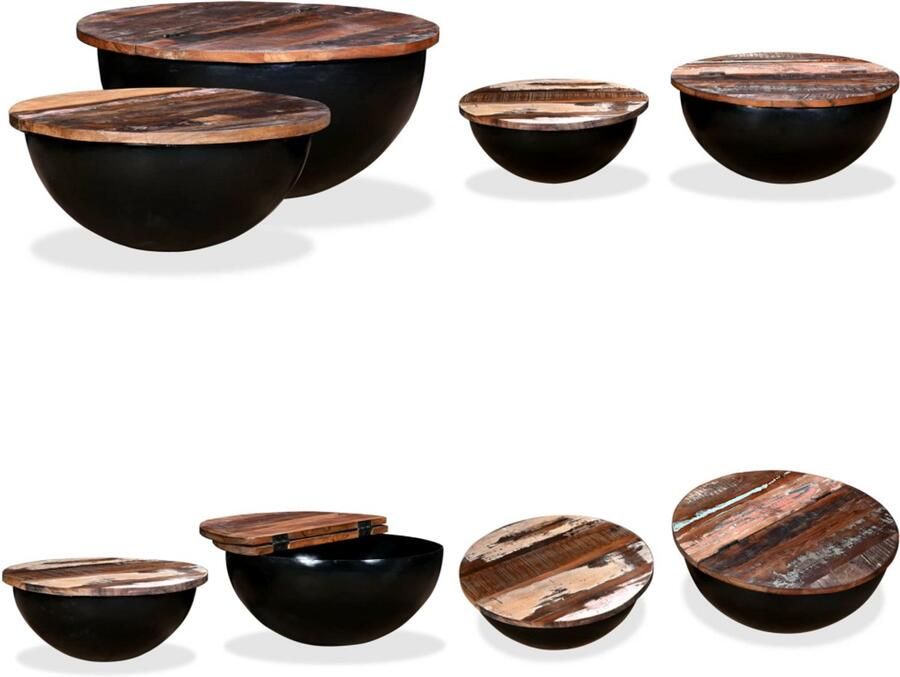 VidaXL 2-delige Salontafelset komvormig massief gerecycled hout zwart Salontafel Salontafels Tafel Tafels