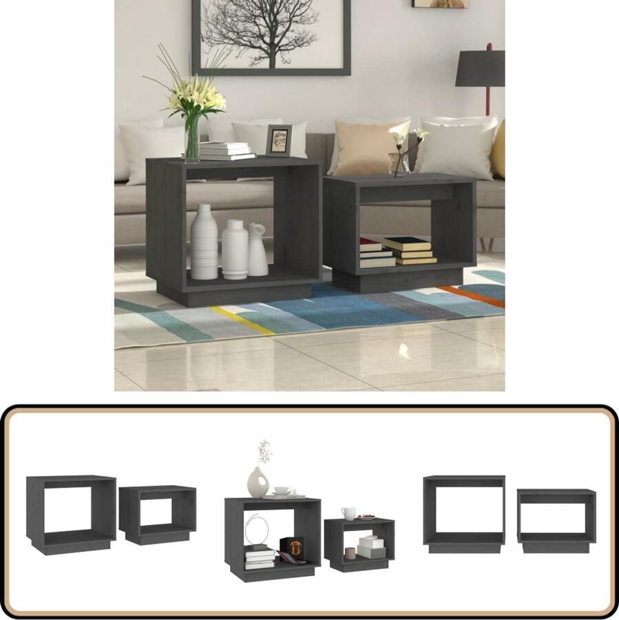 VidaXL 2-delige Salontafelset massief grenenhout grijs Salontafel Houten Salontafel Salontafels Koffietafel Tv-stand Sidetable Bijzetkast