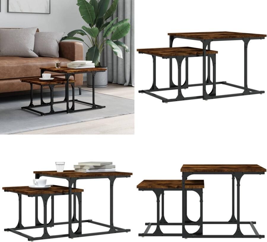 VidaXL 2-delige Tafeltjesset bewerkt hout gerookt eikenkleurig Nesttafel Nesttafels Bijzettafel Banktafel