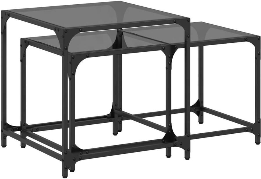 VidaXL 2-delige Tafeltjesset met zwart glazen blad staal Nesttafel Nesttafels Bijzettafel Banktafel