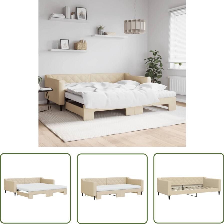 The Living Store Slaapbank met onderschuifbed en matrassen 100x200 cm stof crème Slaapbank 2-in-1 Bank Sofa Bed Comfortabel Matras Multifunctioneel Meubilair