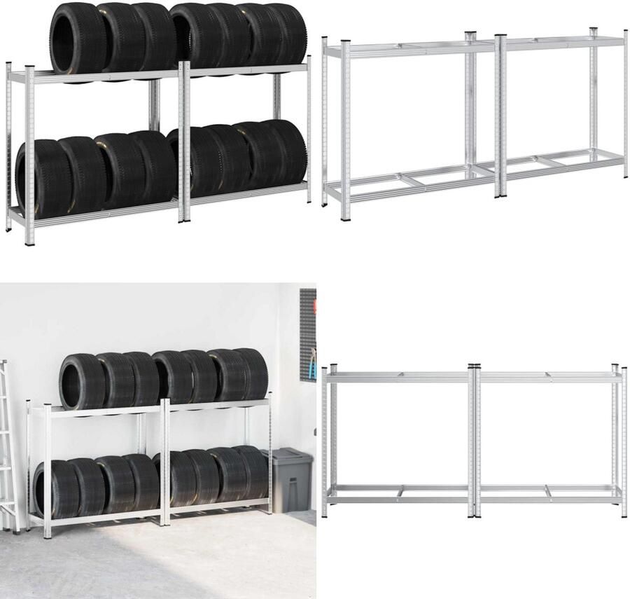 VidaXL 2-laags bandenrekken 2 st 110x40x109 cm staal zilverkleurig Bandenplank Bandenplanken Garagerekken Plank