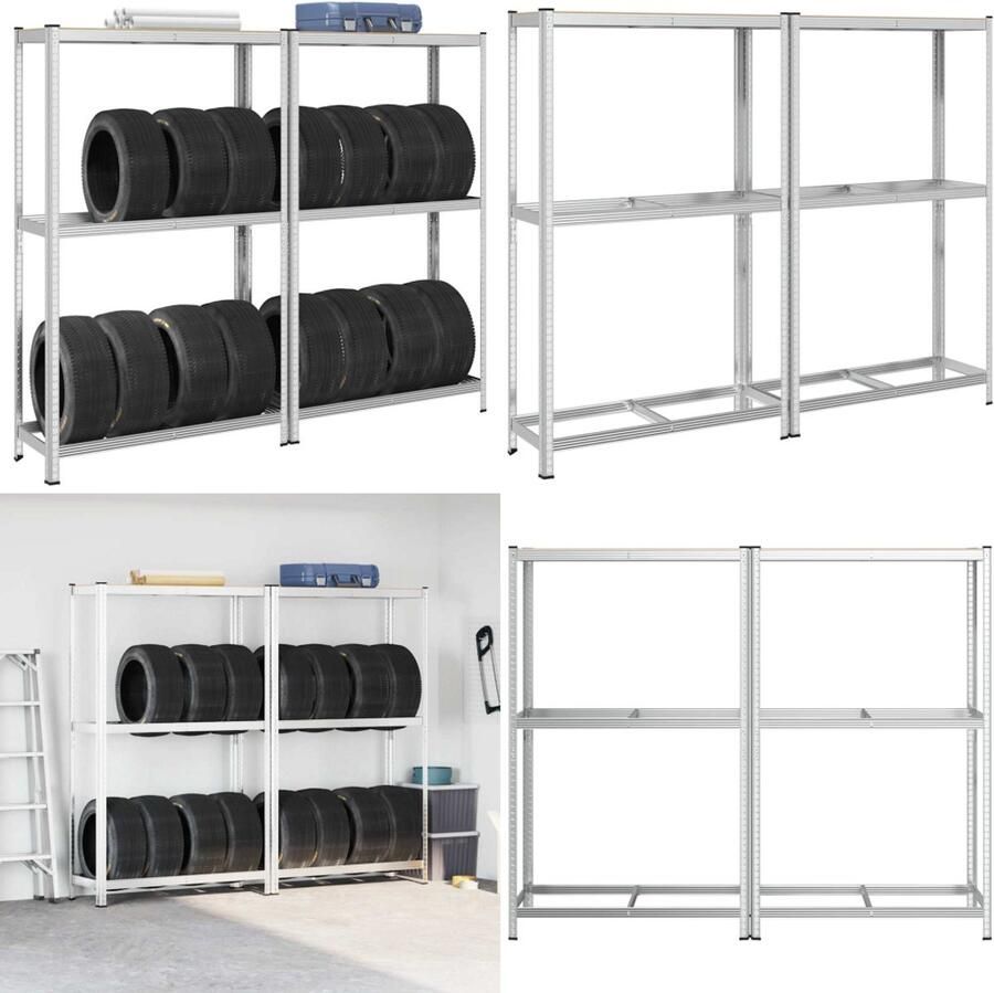 VidaXL 2-laags bandenrekken 2st 110x40x180cm staal&bewerkt hout zilver Bandenplank Bandenplanken Garagerekken Plank