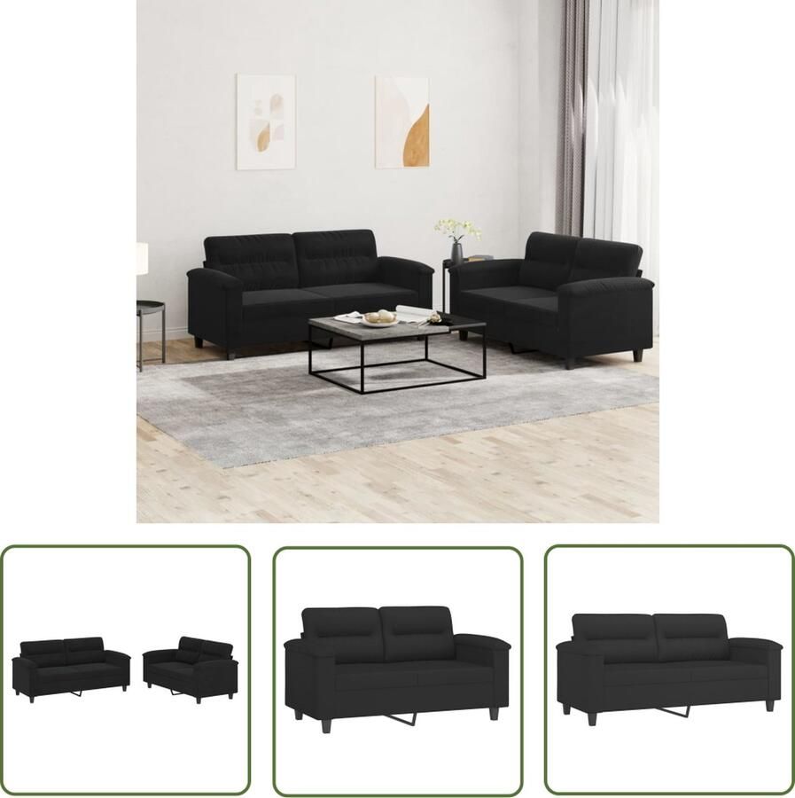 The Living Store 2-delige Loungeset met kussens microvezelstof zwart Loungebank 2 Persoons Bank Bankstellen Design Bank Zwarte Bank