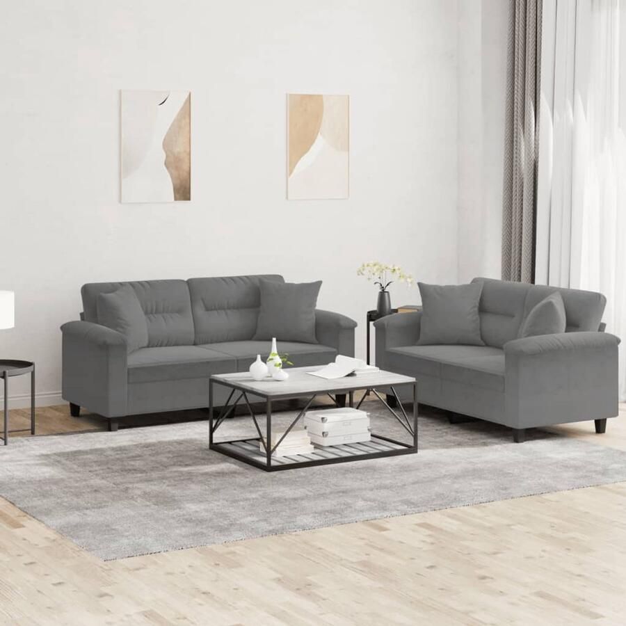 The Living Store Loungeset 2-zitsbank Donkergrijs Microvezel Comfortabel Zitten Loungeset 2 Persoons Bank Lounge Meubilair Tuinmeubelen Buitenmeubelen