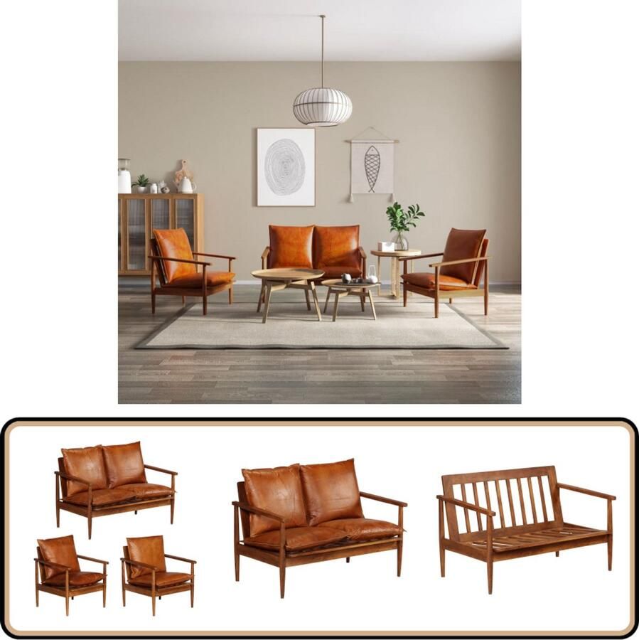 VidaXL 3-delig bankstel echt leer & acaciahout Bankstel Lederen Bank Acacia Houten Meubels Vintage Bank Design Bank Lounge Set Woonkamermeubilair
