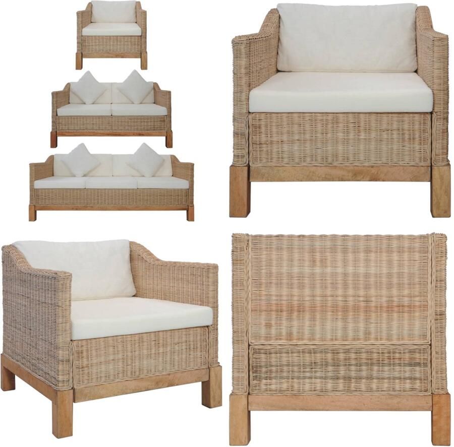 VidaXL 3-delig Bankstel met kussens natuurlijk rattan Bankstel Bankstellen Bank Banken