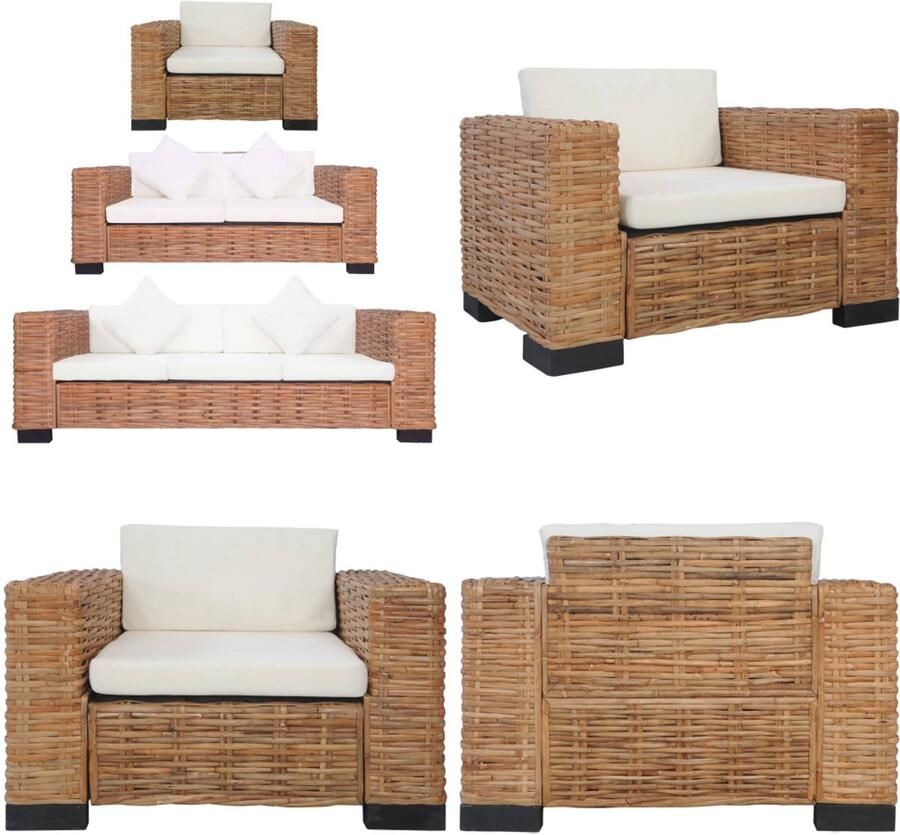 VidaXL 3-delig Bankstel met kussens natuurlijk rattan Bankstel Bankstellen Bank Banken