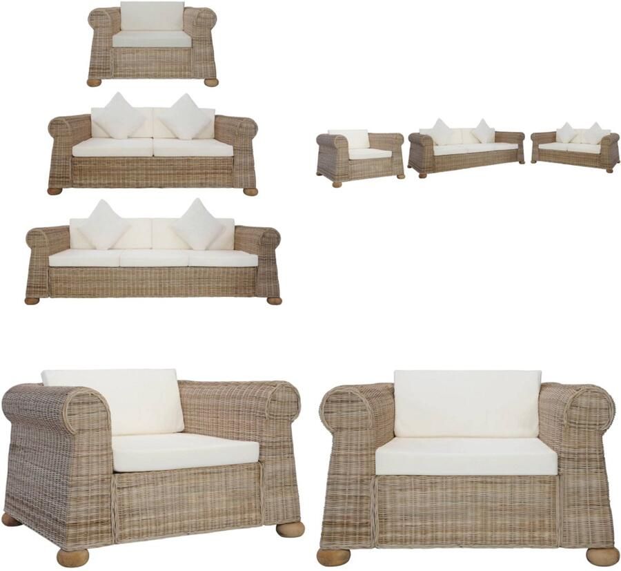 VidaXL 3-delig Bankstel met kussens natuurlijk rattan Bankstel Bankstellen Bank Banken