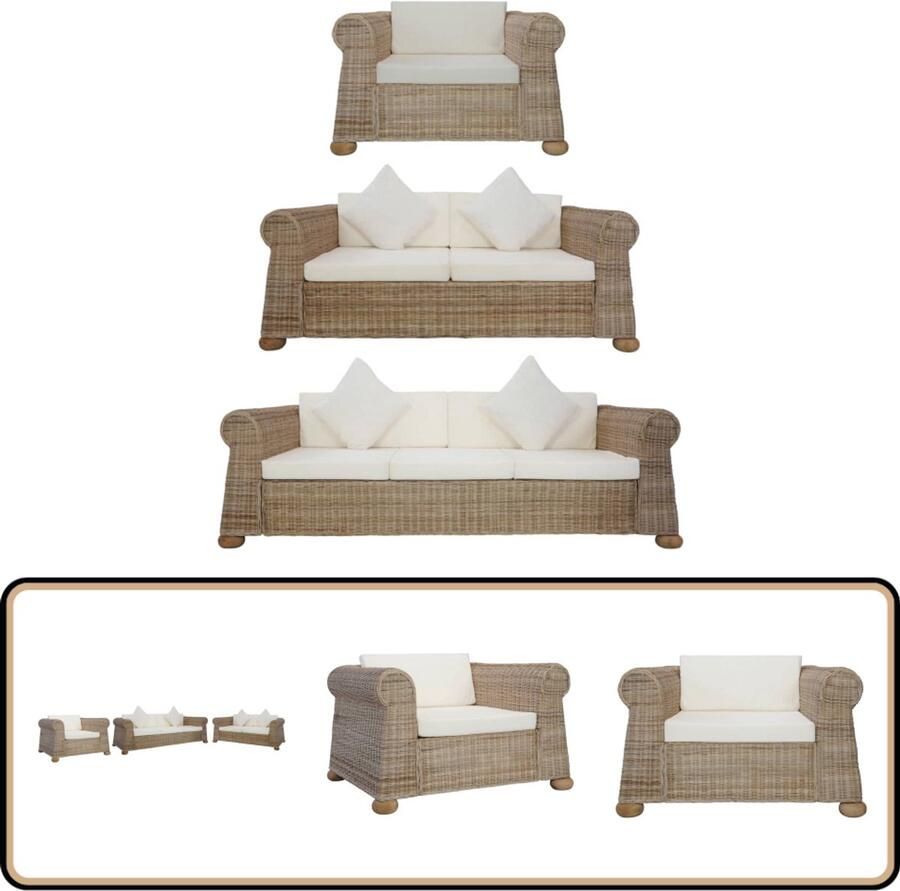VidaXL 3-delig Bankstel Natuurlijk Rattan Bank Lounge Set Tuinset Buitendrank Garden Furniture