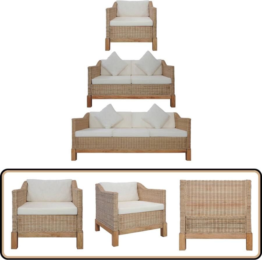 VidaXL 3-delig Bankstel Natuurlijk Rattan Inclusief Kussens Rattan Bank Bankstel Lounge Set Buitenbank Tuinbank