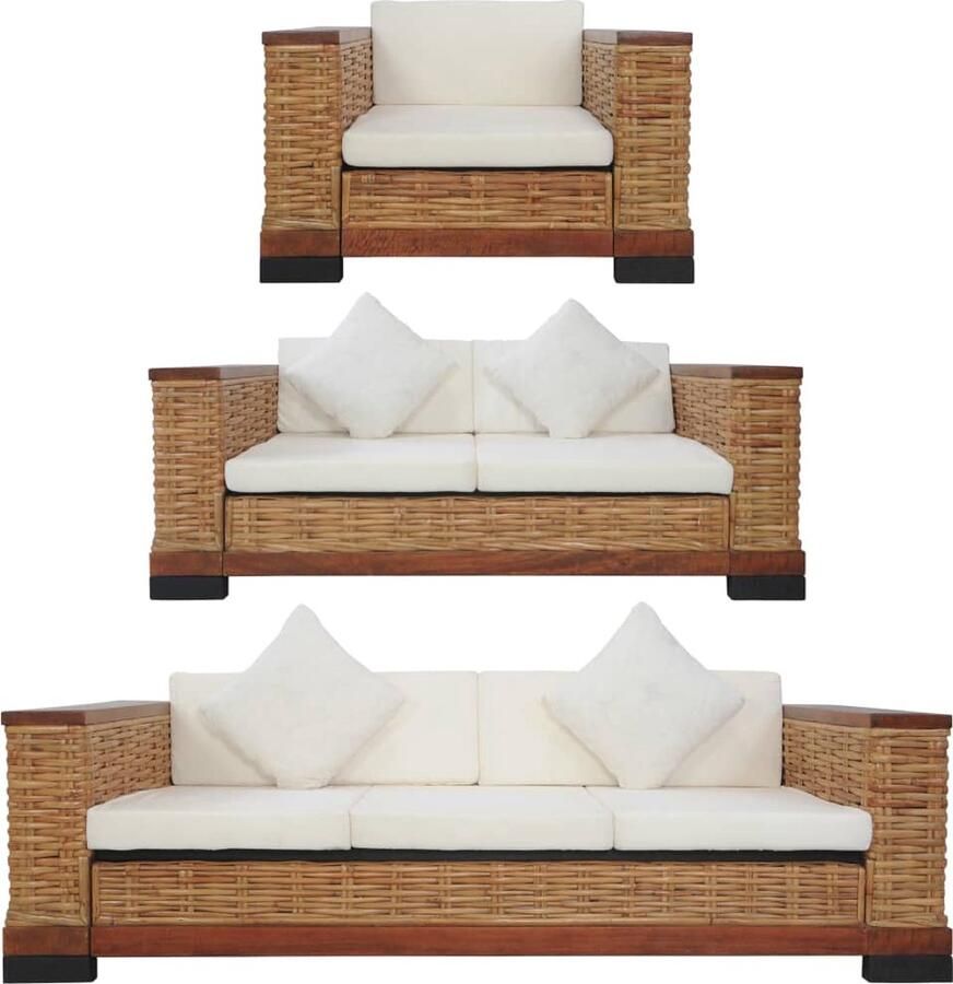 VidaXL 3-delig Bankstel Rattan Bruin met Kussens Rattan Bank Bankstellen Lounge Set Buiten Meubilair Tuinset Bruine Bank Creme Wit Bank Design Bank - Foto 2