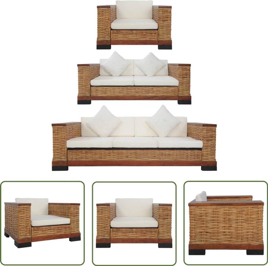 VidaXL 3-delig Bankstel Rattan Bruin met Kussens Rattan Bank Bankstellen Lounge Set Buiten Meubilair Tuinset Bruine Bank Creme Wit Bank Design Bank