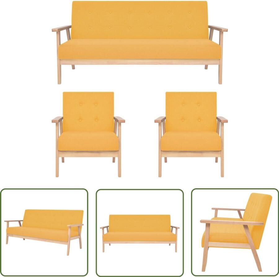 VidaXL 3-delig bankstel stof geel Loungeset Hoekbank Eetkamerset Salontafel Bijzettafel Meubels Bank Fauteuil Geel Modern Minimalistisch