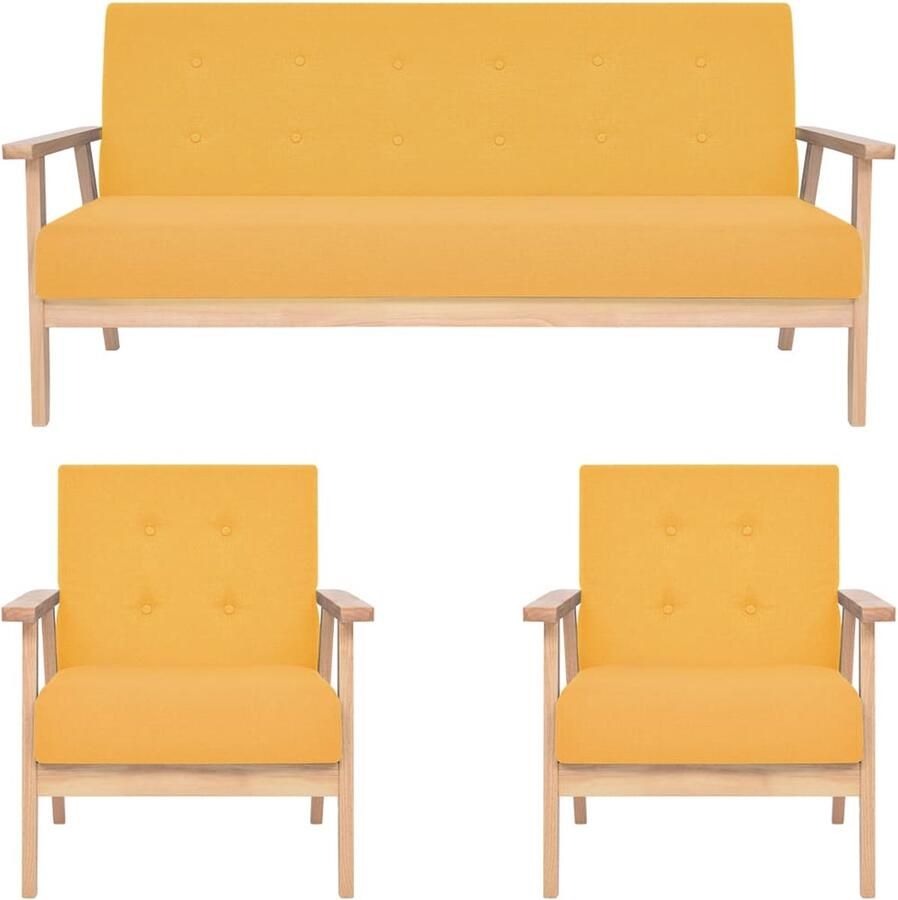 VidaXL 3-delig bankstel stof geel Loungeset Hoekbank Eetkamerset Salontafel Bijzettafel Meubels Bank Fauteuil Geel Modern Minimalistisch - Foto 2