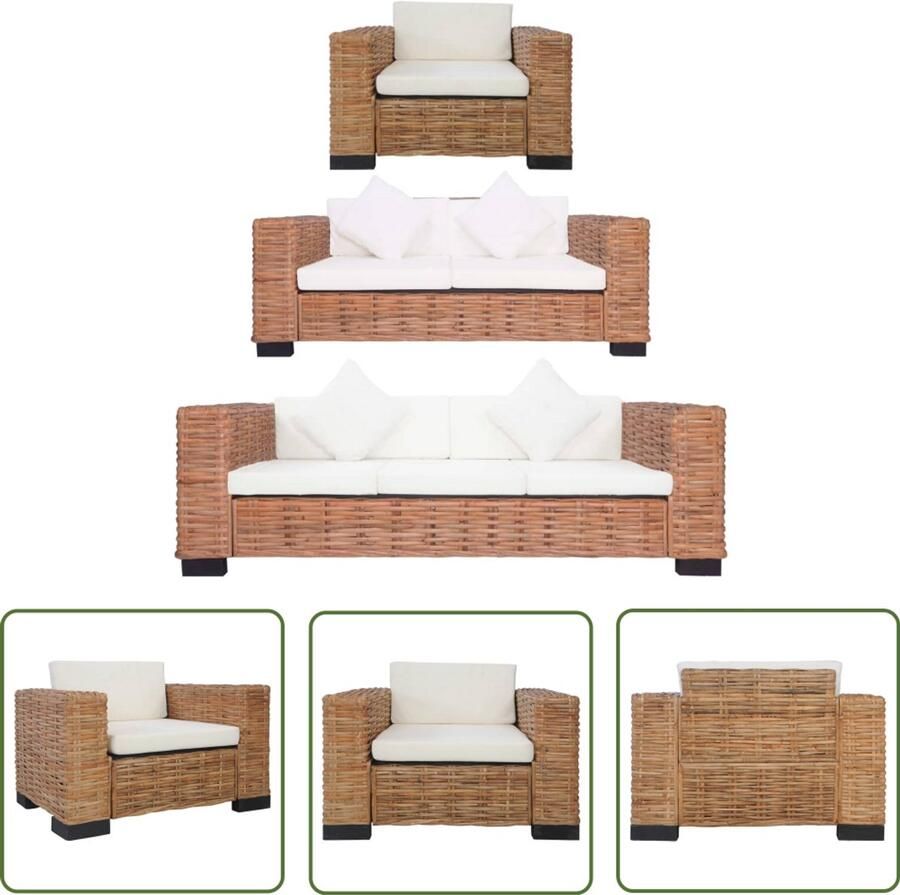VidaXL 3-delig Bankstel van Rattan met Kussens Rattan Bank Bankstel Lounge Set Buitendrank Tuinset Garden Furniture Relaxfauteuil Loungebank