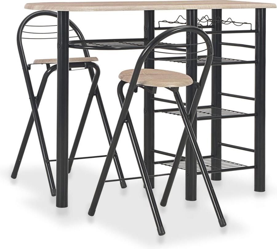 VidaXL 3-delige Barset hout en staal Bartafel Houten Barstoel Set Barstoelen Bistro Meubilair Buitenbar Terrasbank Loungehoek