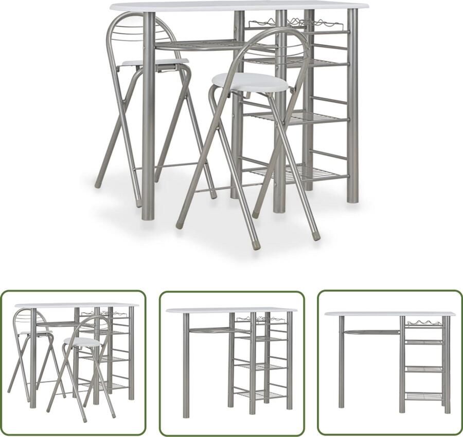 VidaXL 3-delige barset hout en staal wit Bartafel Barstoel Houten Meubilair Metalen Meubilair Witte Meubels Zwarte Meubels Eetkamerset Salontafel Multifunctioneel Meubilair Compact Meubilair