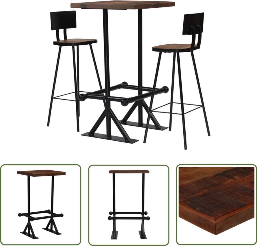 VidaXL 3-delige Barset Massief Gerecycled Hout Bartafel Barstoelen Industrieel Design Vintage Meubels Gerecyclede Materialen Bruine Kleur Salon Eetkamer