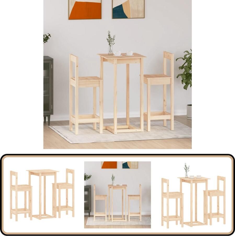 VidaXL 3-delige Barset Massief Grenenhout Compact Bartafel Grenenhouten Bartafel Bar Set Bistroset Pubset