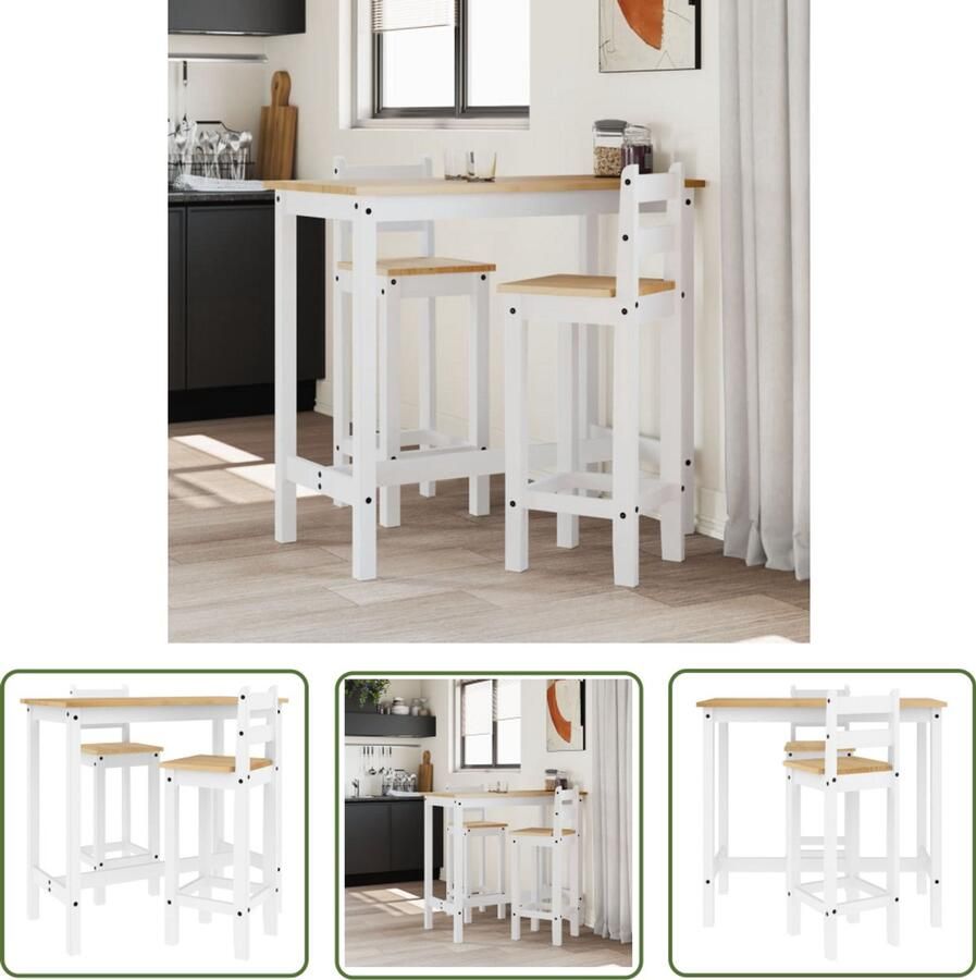 VidaXL 3-delige Barset Massief Grenenhout Wit Bartafel Houten Bartafel Barstool Barstoelen Granenhouten Meubels Eettafel Bistrotafels Kleine Tafels