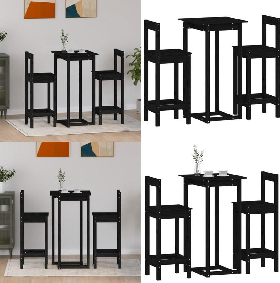 VidaXL 3-delige Barset massief grenenhout zwart Barset Barsets Pubset Bistroset