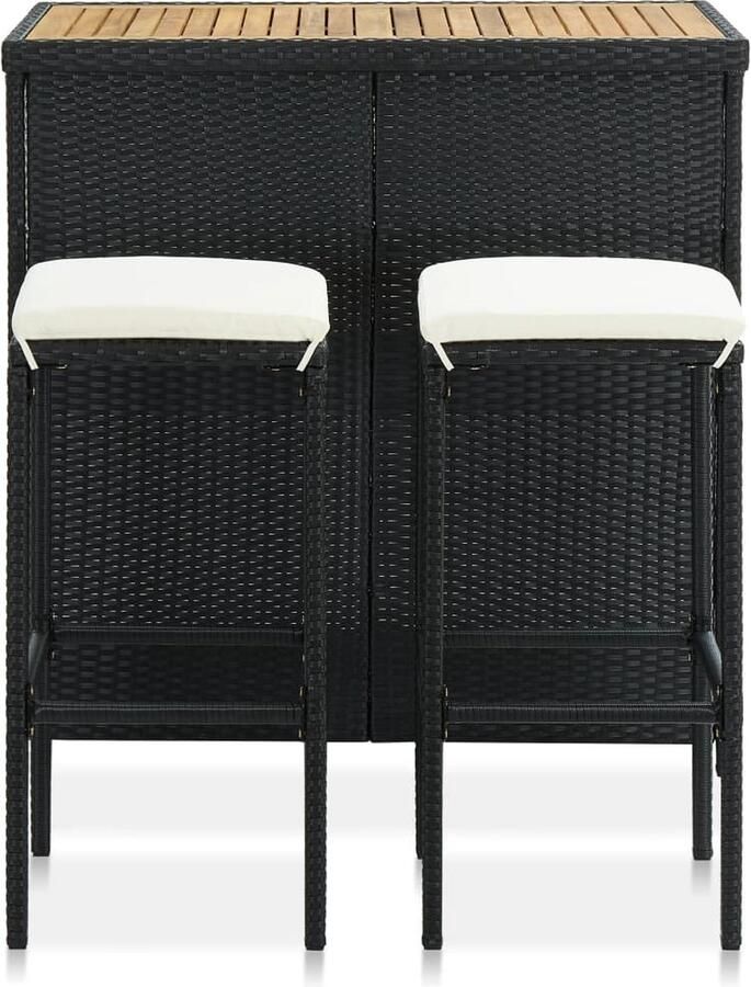 VidaXL 3-delige Barset Poly Rattan Zwart Barstoel Bartafel Buitendiner Tuinset Lounge Set Acacia Hout Kunststof Stoel Metalen Tafellaar