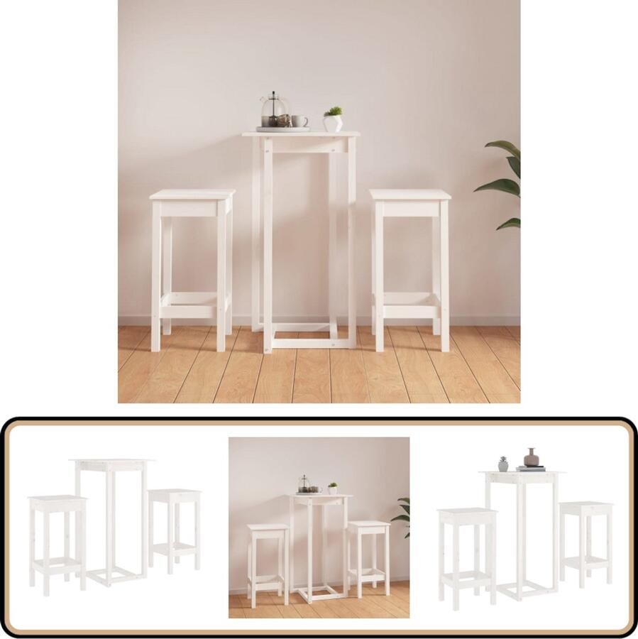 VidaXL 3-delige Barset Wit Massief Grenenhout Bartafel Houten Bartafel Barset Eetkamerset Keukeninrichting Grenenhouten Meubilair Designmeubilair Modern Meubilair