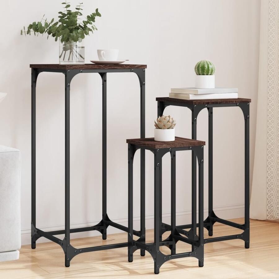 VidaXL 3-delige bijzettafelset Bruin Eikenhout Nesttafel Nesttafels Bijzettafel Banktafel