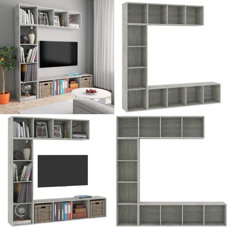 VidaXL 3-delige Boekenkast- tv-meubelset 180x30x180 cm betongrijs Boekenkast Boekenkasten Boekenschap Boekenschappen