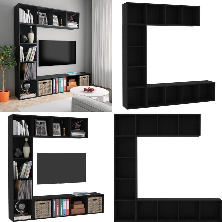 VidaXL 3-delige Boekenkast- tv-meubelset 180x30x180 cm zwart Boekenkast Boekenkasten Boekenschap Boekenschappen