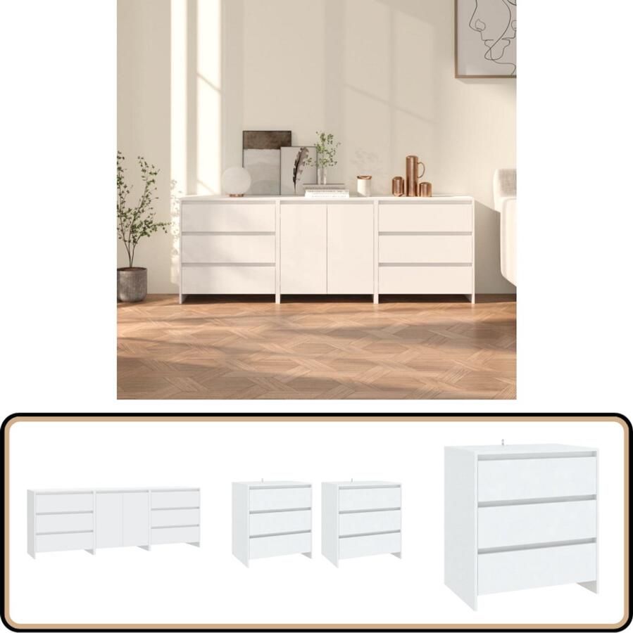 VidaXL 3-delige Dressoir Set Wit Hout Opbergkast Kast Dressoir Buffetkast Houten Kast