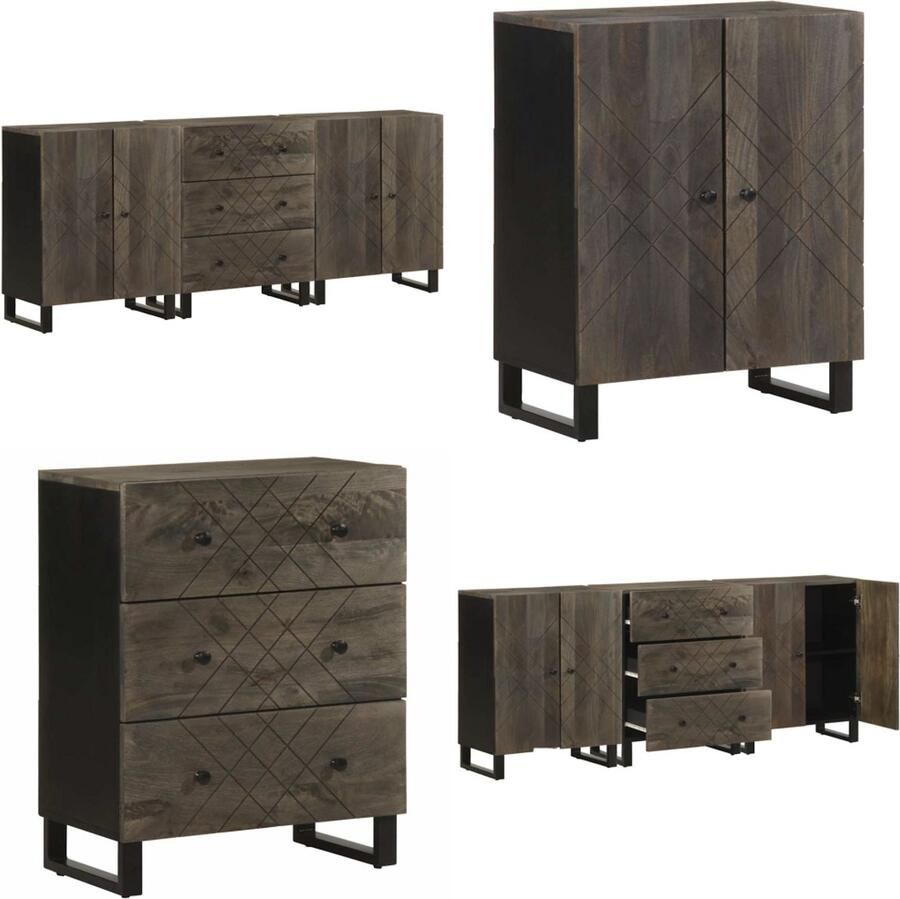 VidaXL 3-delige Dressoirs 60x33x75 cm massief mangohout zwart Dressoir Dressoirs Opbergkast Wandkast