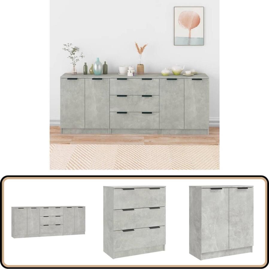 VidaXL 3-delige Dressoirs Bewerkt Hout Betongrijs Dressoir Houten Dressoir Grijze Dressoir Minimalistisch Dressoir Opbergmeubel - Foto 3