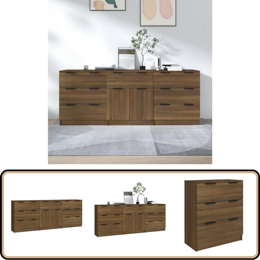 VidaXL Dressoirenset Bruin Eiken 3-delig Dressoir Bruine Eiken Houten Dressoir Opbergmeubels Woonkamer Meubilair
