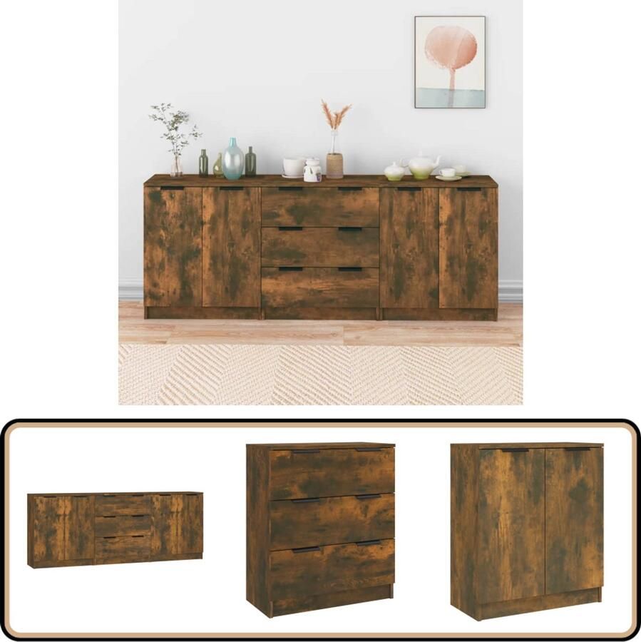 VidaXL Dressoirs 3-delig Bewerkt hout Gerookt eiken Dressoir Houten Dressoir Vintage Dressoir Landelijke Dressoir Multifunctionele Kast
