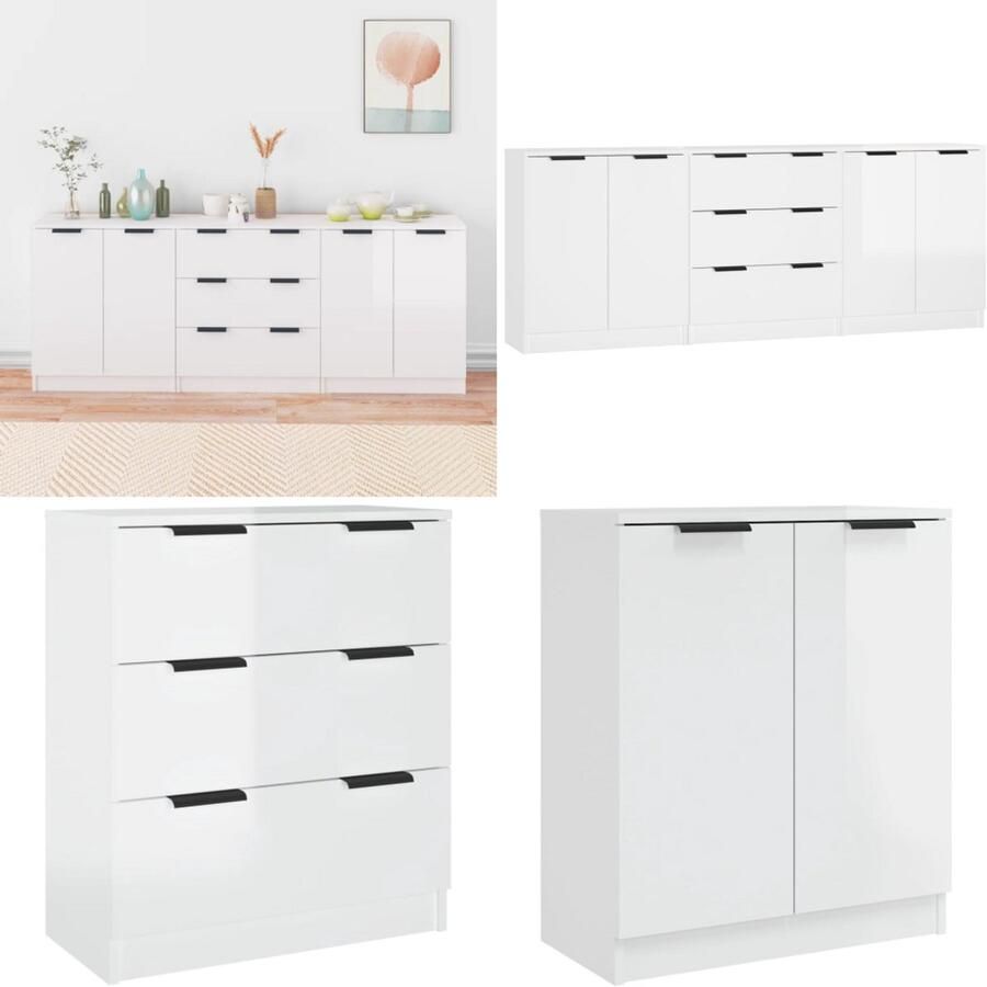 VidaXL 3-delige Dressoirs bewerkt hout hoogglans wit Dressoir Dressoirs Kast Wandkast