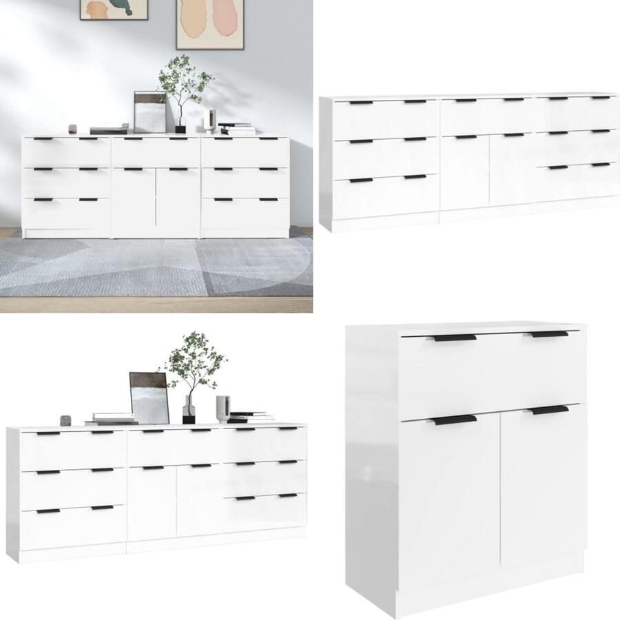 VidaXL 3-delige Dressoirs bewerkt hout hoogglans wit Dressoir Dressoirs Kast Wandkast